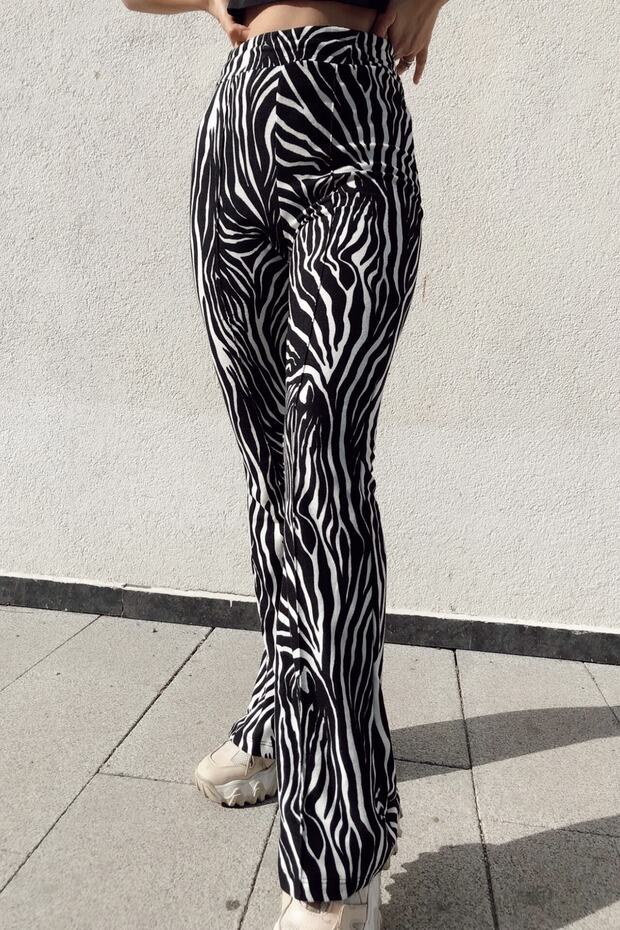 Kadın Zebra Desen Yüksek Bel Süet Ispanyol Paça Pantolon - 3