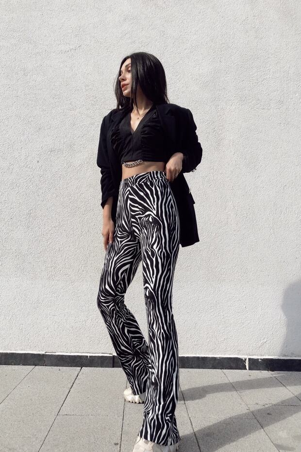 Kadın Zebra Desen Yüksek Bel Süet Ispanyol Paça Pantolon - 4