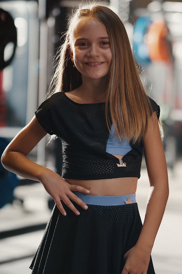 Mavi Siyah Kız Çocuk Tek Omuzlu Crop Top - 1