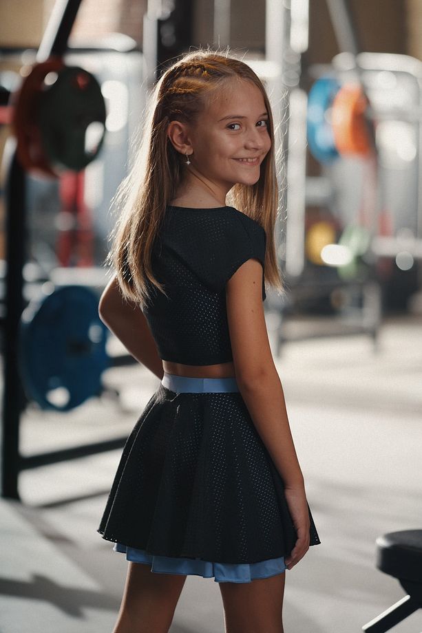 Mavi Siyah Kız Çocuk Tek Omuzlu Crop Top - 3