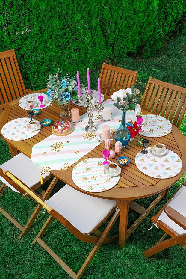 6+1 Colorful Triangle and Gold Detailed Snowflakes Special Design Supla Runner Set
