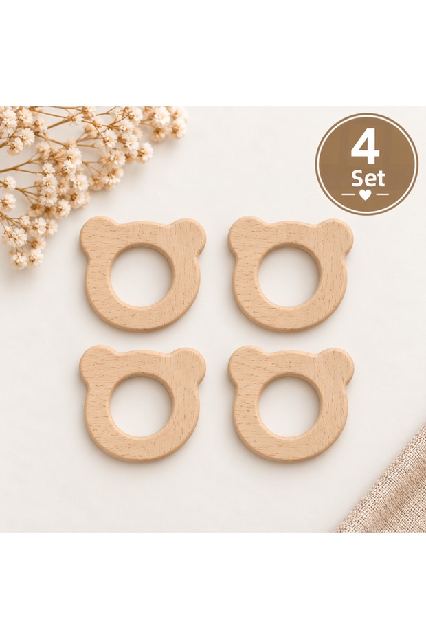 Wooden Teddy Bear Ring 50mm 4-Pack