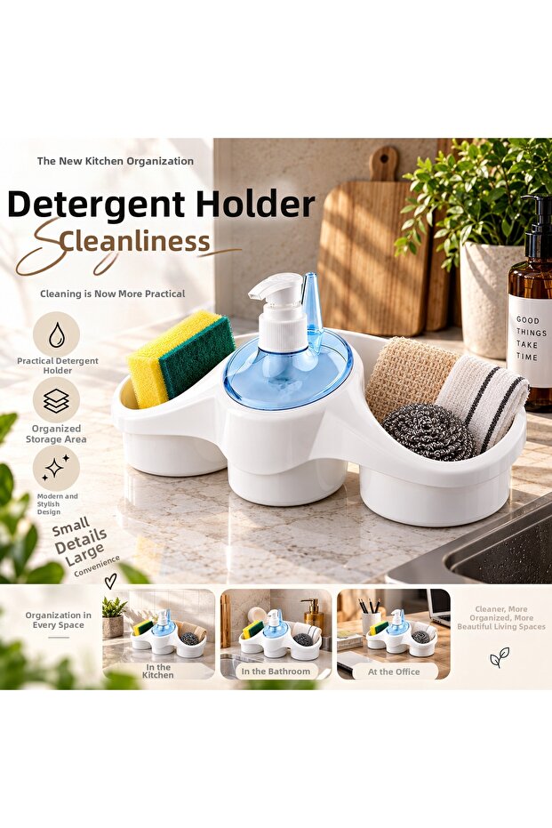 Detergent Container Sponge Holder Kitchen Sink Organizer with 3 Compartments