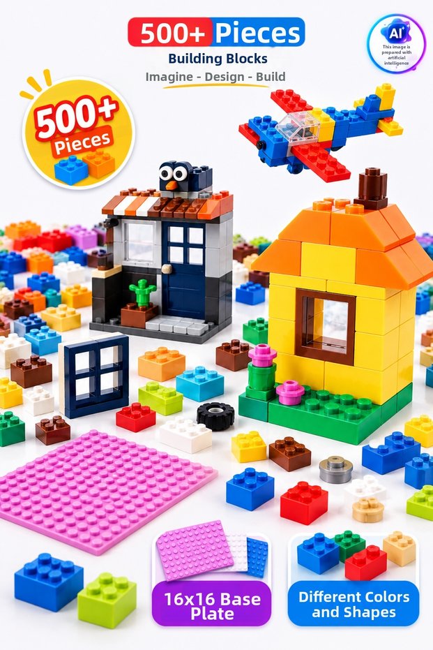 500+ Pieces Colorful Building Blocks Set – Creative Building and Design Toy for Ages 3+ with 16X16 Base Plates