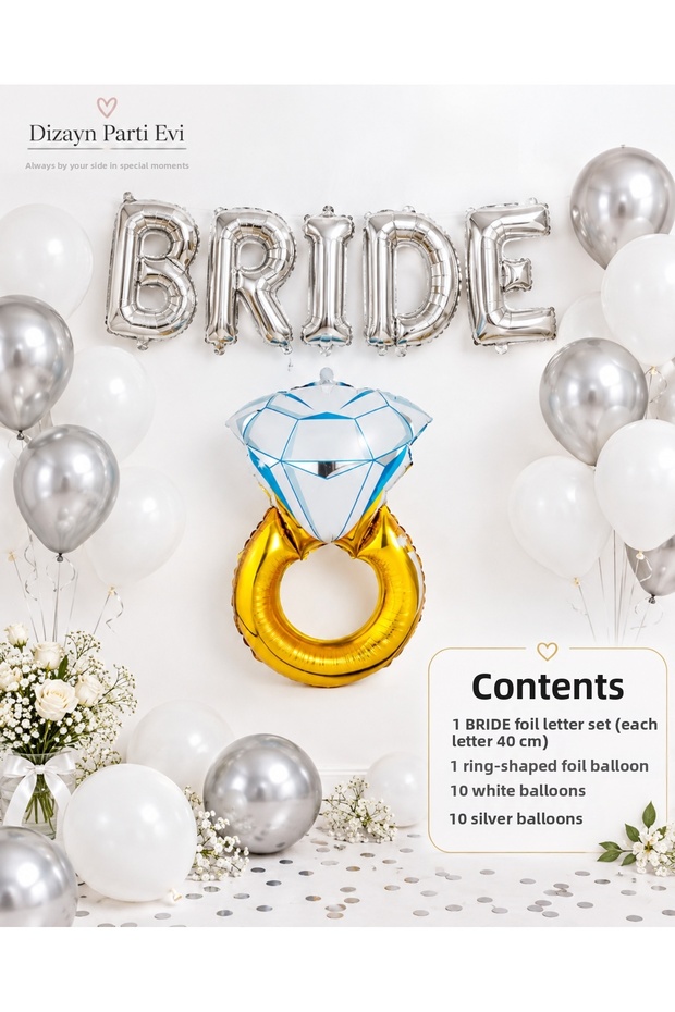 Bride to Be Gold/Silver Foil Lettered Bachelorette Party Decoration Set – with Solitaire Ring Balloon
