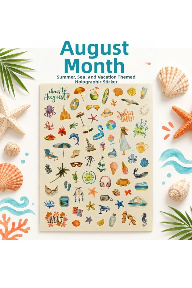 August Summer, Sea and Holiday Themed Holographic Decorative Stickers – 1 Sheet