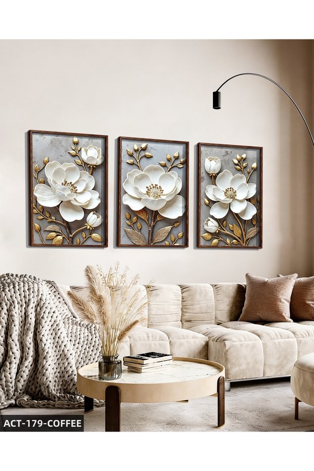 White Flower with Gold Leaves 3 Piece Wooden Framed Painting Act