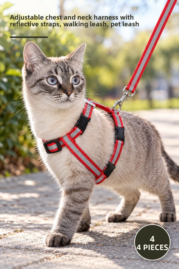 4 Pieces Reflective Cat Collars – Adjustable Chest and Neck Harness, Reflective Harness, Travel Strap, Pet Leash