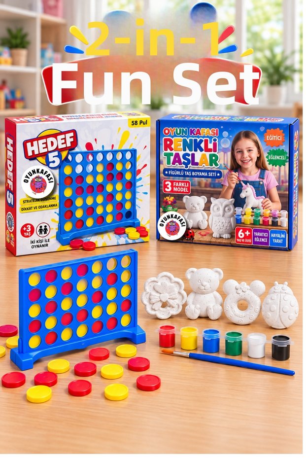 2-Piece Game Set Target 5 Strategy Board Game + Coloring and Activity Set with Colorful Stones and Figures
