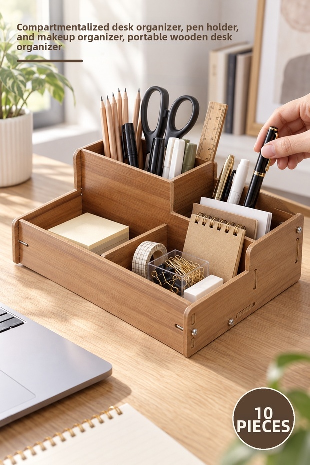 10 Pieces Wooden Desk Organizer Box – Divided Desk Organizer, Pen Holder and Makeup Organizer, Portable Wooden Desk Organizer
