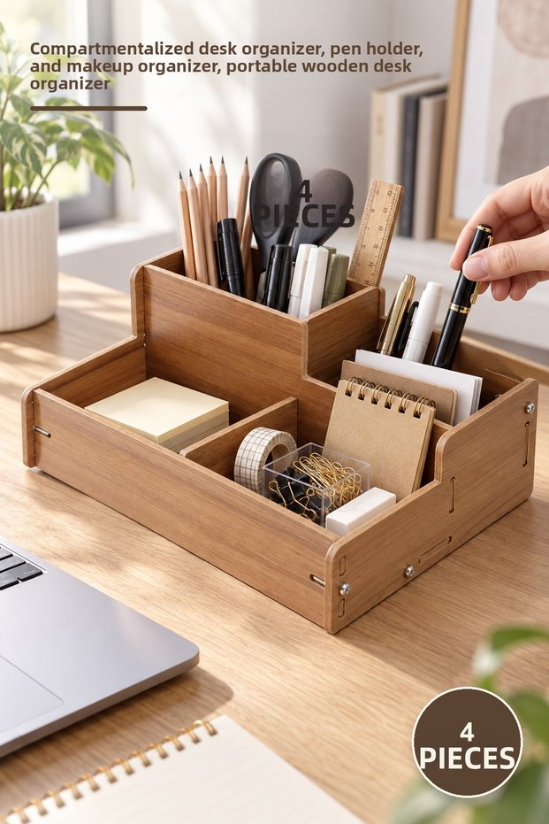 4 Pieces Wooden Desk Organizer Box – Divided Desk Organizer, Pen Holder and Makeup Organizer, Portable Wooden Desk Organizer