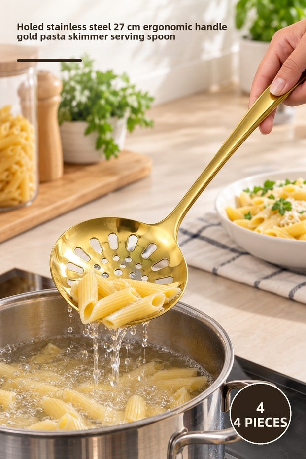 4 Pieces Metal Serving Colander - Perforated Stainless Steel 27 cm Ergonomic Handle Gold Color Pasta Frying Skimmer Serving Spoon