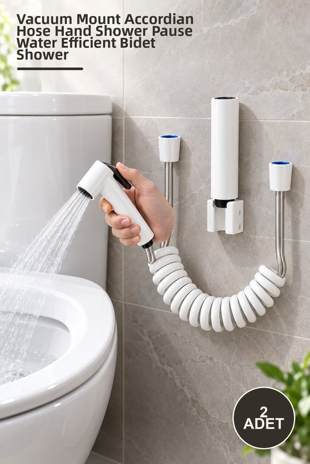 2-Piece White Taharetmatik Set – Hand Shower with Vacuum Mounting Accordion Hose Pause Water-Saving Bidet Shower