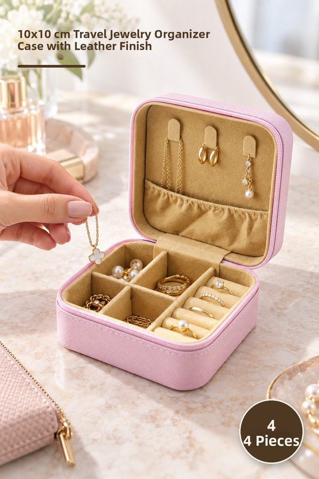 4 Pieces Mini Zippered Jewelry Box – Bag Model Faux Leather Covered 10X10 cm Travel Jewelry Organizer Jewelry Case