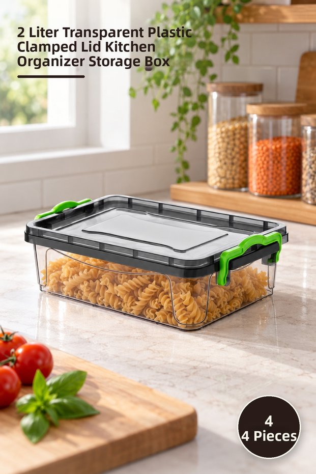 4 Pieces Shallow Storage Box – 2 Liter Transparent Plastic Kitchen Organizer Storage Box with Clip-On Lid