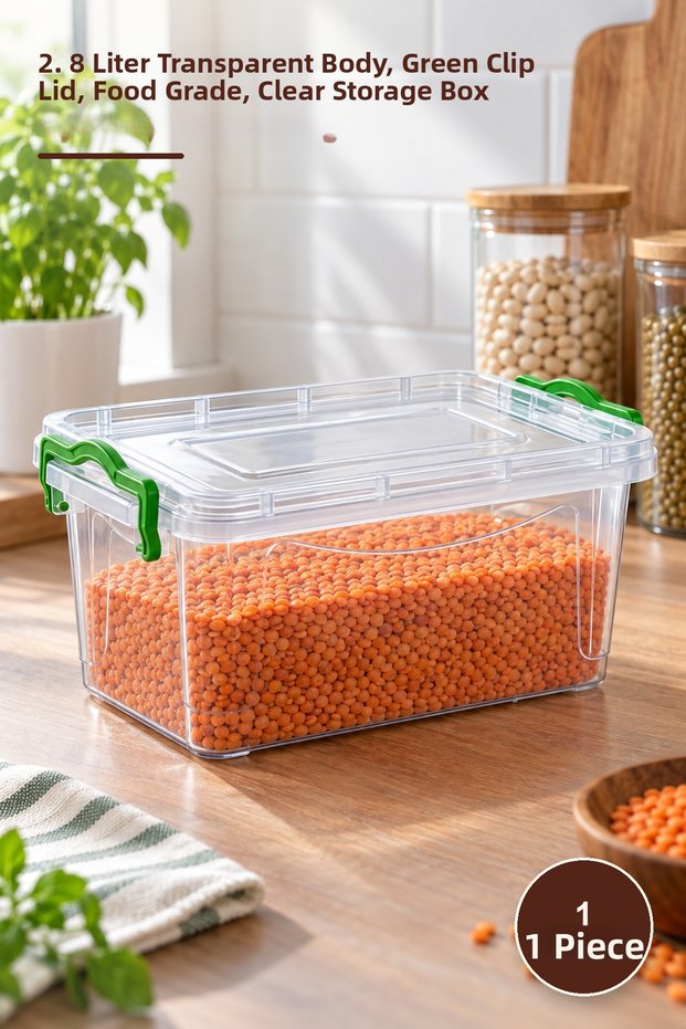 1 Piece Transparent Storage Box – 2.8 Liter Transparent Body, Green Clip-On Lid, Food-Safe, Clear Storage Box