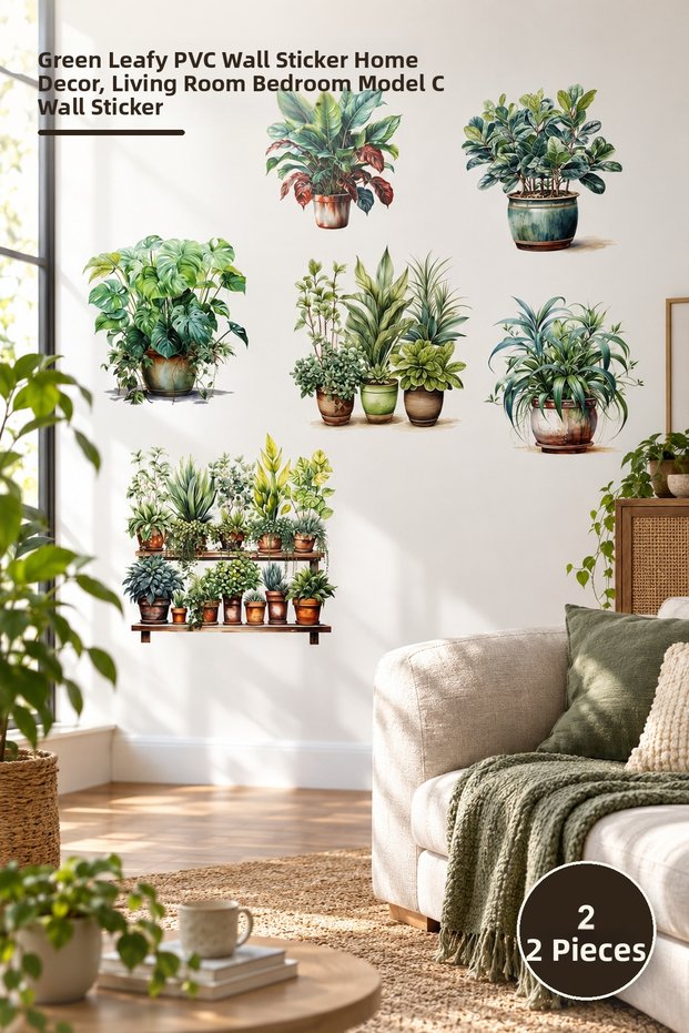 2 Pcs Tropical Plants Wall Sticker – Green Leaf Pvc Wall Decal Home Decor, Living Room Bedroom Model C Wall Sticker