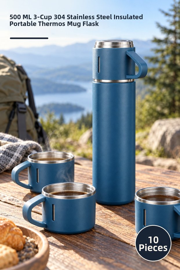 10 Pieces Stainless Steel Thermos with Cups – 500 ml 304 Steel Heat and Cold Insulated Portable Thermos Mug Flask with 3 Cups