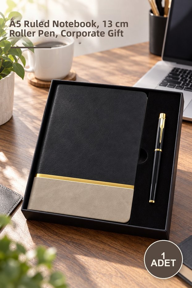 1 Piece Black Gold Detailed Thermo Leather Notebook and Metal Roller Pen Gift Set – A5 Lined Notebook, 13 cm Roller Pen, Notebook, Corporate Gift