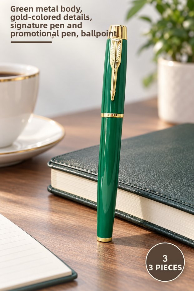3 Metal Ballpoint Pens – Green Metal Body, Gold-Colored Details, Signature Pen and Promotional Pen, Ballpoint