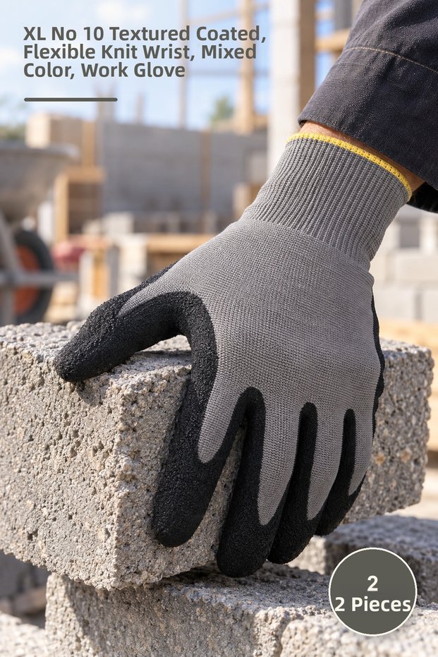 2 Pcs Worker's Gloves – XL No 10 Serrated Coated, Flexible Knitted Wrist, Mixed Color, Work Glove