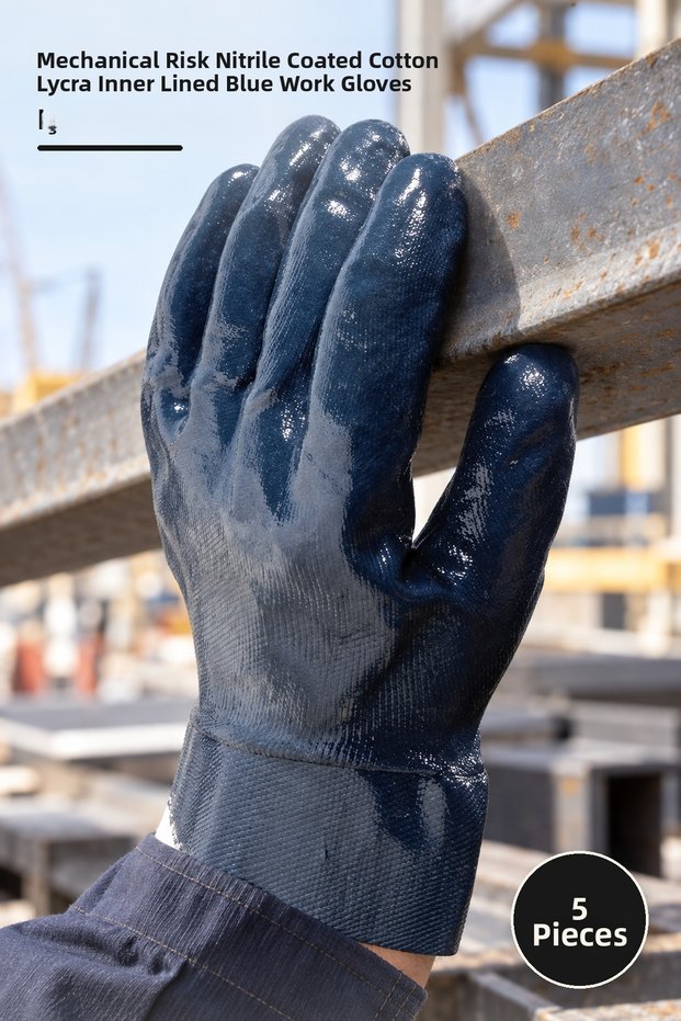 5 Pcs Protective Gloves – Mechanic Risk Nitrile Coated Cotton Fiber Inner Lining Navy Blue Work Gloves Work Glove