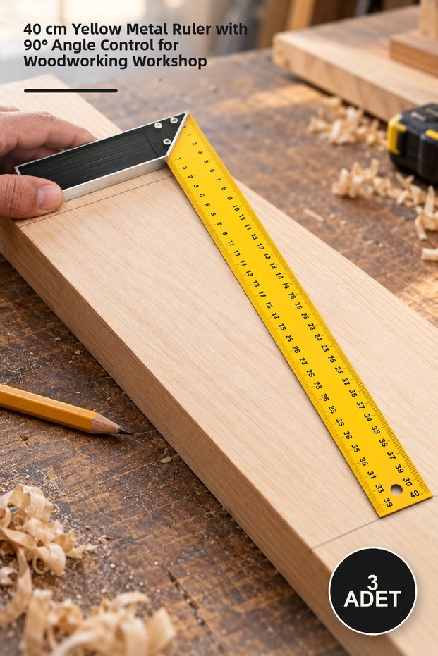 3 Pieces of Metal Table Angle Ruler – 40 cm Yellow Color Metal Body Ruler with 90 Degree Scale °   Angle Control Carpentry Workshop Try Square