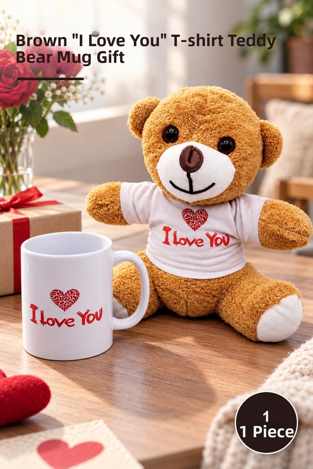 1 Piece Plush Teddy Bear and Printed Mug Set – Brown I Love You T-Shirt Bear Gift Teddy Bear Mug