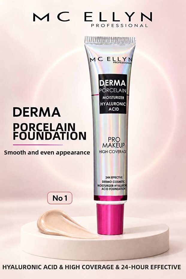 Mc Ellyn Derma Porcelain Hyaluronic Acid Foundation High Coverage, Moisturizing Effect, Waterproof No. :01