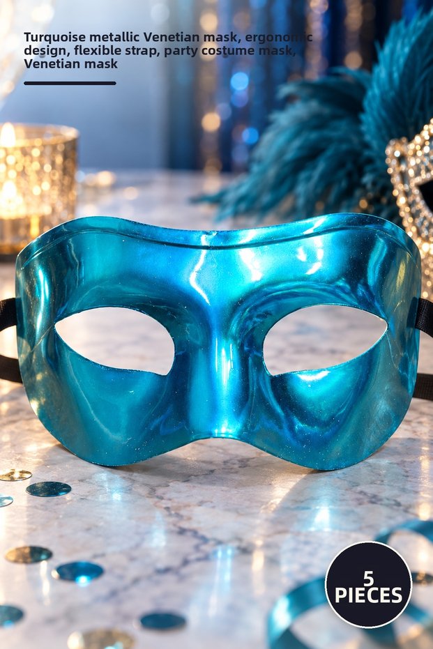 5 Pieces of Metalized Shiny Party Masks – Turquoise Metalized Venetian Mask, Ergonomic Design, Flexible Straps, Party Costume Mask, Venetian Mask