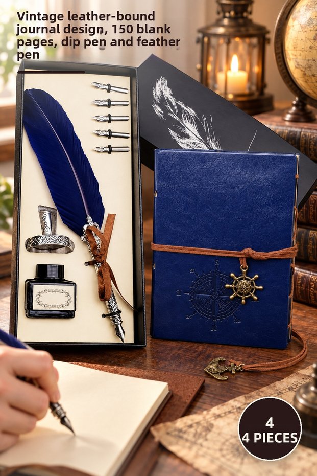 4-Piece Leather Notebook and Feather Pen Gift Set – Antique Design with Faux Leather Cover, Unlined 150-Page Notebook, Dip Pen and Feather Pen