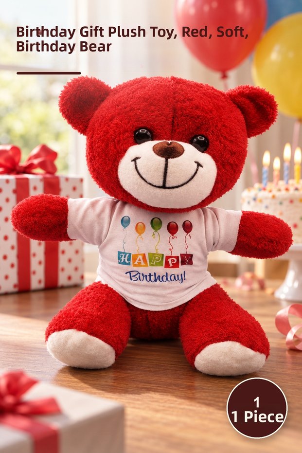 1 Piece Happy Birthday T-Shirt Plush Teddy Bear – Birthday Gift Plush Toy, Red, Soft, Birthday Bear