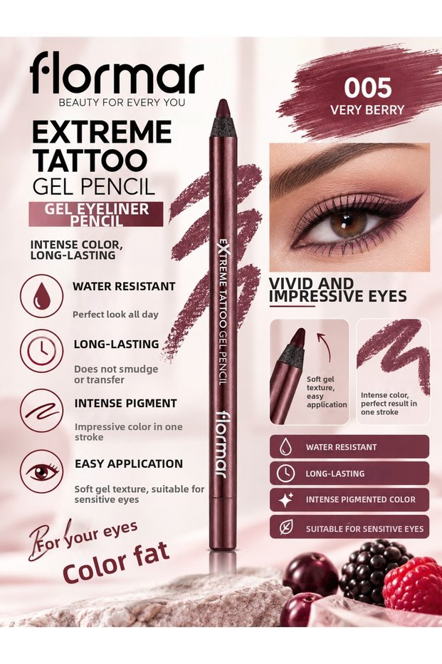 Extreme Tattoo - 005 Very Berry - 1.2 g – Waterproof, Intensely Pigmented, Long-Lasting Gel Pen for All Day Wear