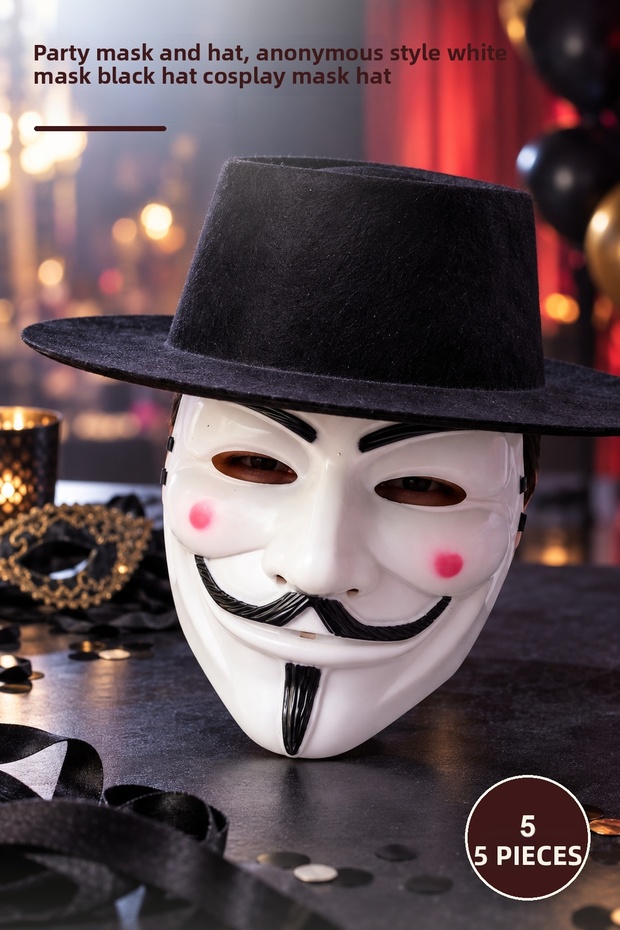 5-piece vendetta mask and hat set – party mask and hat, anonymous style white mask black hat cosplay mask hat