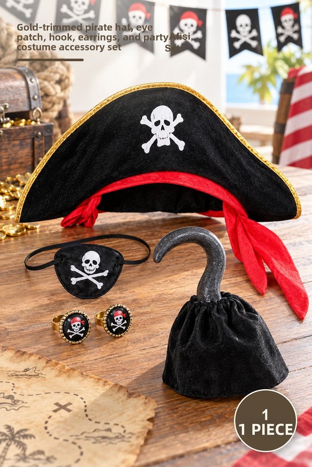 1 Piece Kids Pirate Party Set – Gold Edged Skull Hat, Eye Patch, Hook, Rings, and Party Banner, Costume Accessory Pirate Party Set