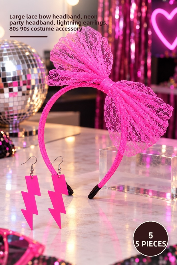 5 Pcs Neon Pink Lace Crown and Lightning Earrings – Large Lace Bow Crown, Neon Party Headband, Lightning Earrings, 80S 90S Costume Accessory