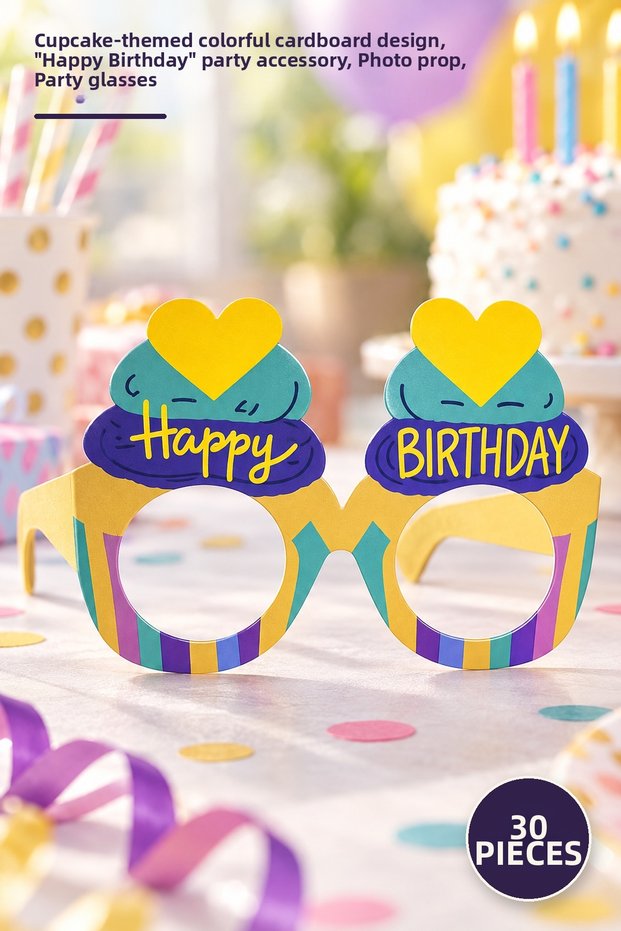 30 Pieces Birthday Glasses – Cupcake-Themed Colorful Cardboard Design with'Happy Birthday' Writing, Party Accessory, Photo Prop, Party Glasses