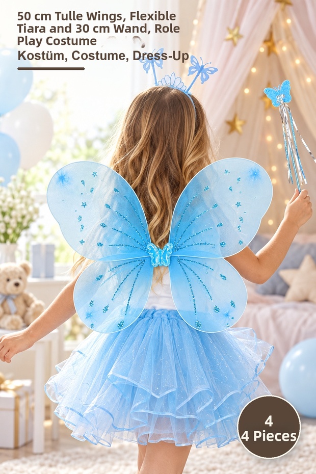 4 Pieces Blue Children's Butterfly Wing Set – 50 cm Tulle Wing, Flexible Crown and 30 cm Wand, Role Play Costume, Costume, Dress-Up