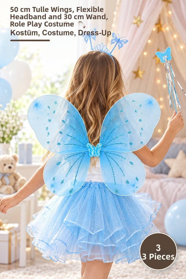 3 Pieces Blue Children's Butterfly Wing Set – 50 cm Tulle Wing, Flexible Crown and 30 cm Wand, Role Play Costume, Costume, Dress-Up