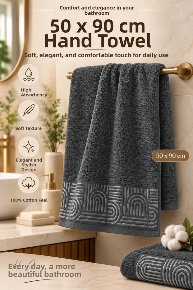 Luxury Patterned Hand and Face Bath Towel 100% Cotton 1 Piece Water Absorbent Odorless Bride's House Anthracite Color