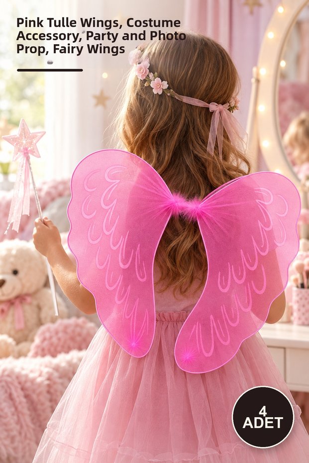 4 Fairy Wings – Pink Feathered Tulle Wing, Costume Accessory, Party and Photo Prop, Fairy Wings