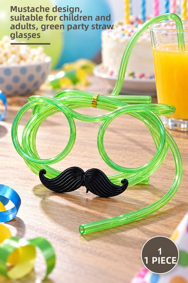 1 Piece Party Glasses with Straws – Mustache Design, Suitable for Children and Adults, Green, Party Straw Glasses