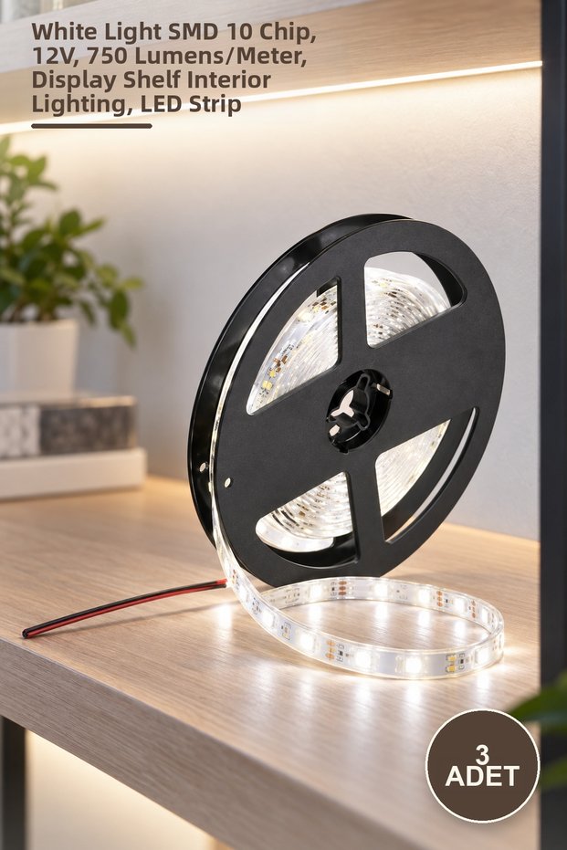 3 Pieces Ct-4487 Silicone Outdoor Led Strip – White Light Smd 10 Chip, 12V, 750 Lumen/Meter, Showcase Shelf Interior Lighting, Led Strip