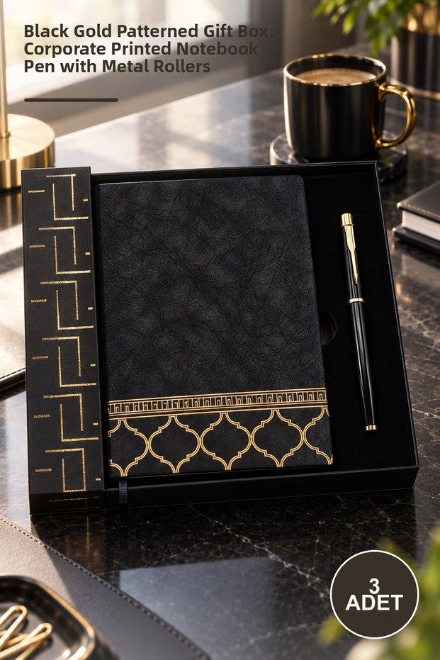3-Piece Leather Notebook Pen Set – Black Gold Patterned Boxed Gift, Corporate Printed Notebook Pen Metal Roller