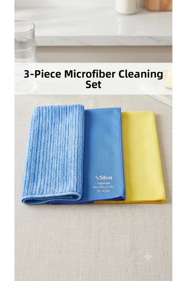 Premium Microfiber Cleaning Set (3) Non-Marking Glass, Kitchen and Dust Cloth