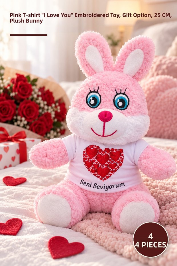 4 Plush Rabbits – Pink T-Shirt with'I Love You' Print Toy, Gift Option, 25 Cm, Plush Bunny I Love You