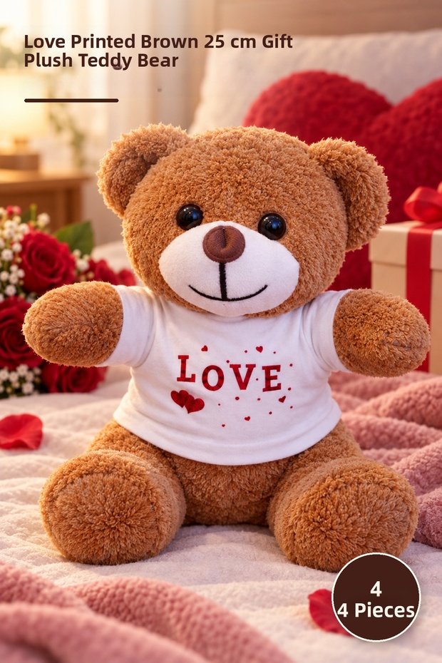 4 Plush Teddy Bears – Brown with Love Printed T-Shirt 25 cm Gift Toy Teddy Plush Bear
