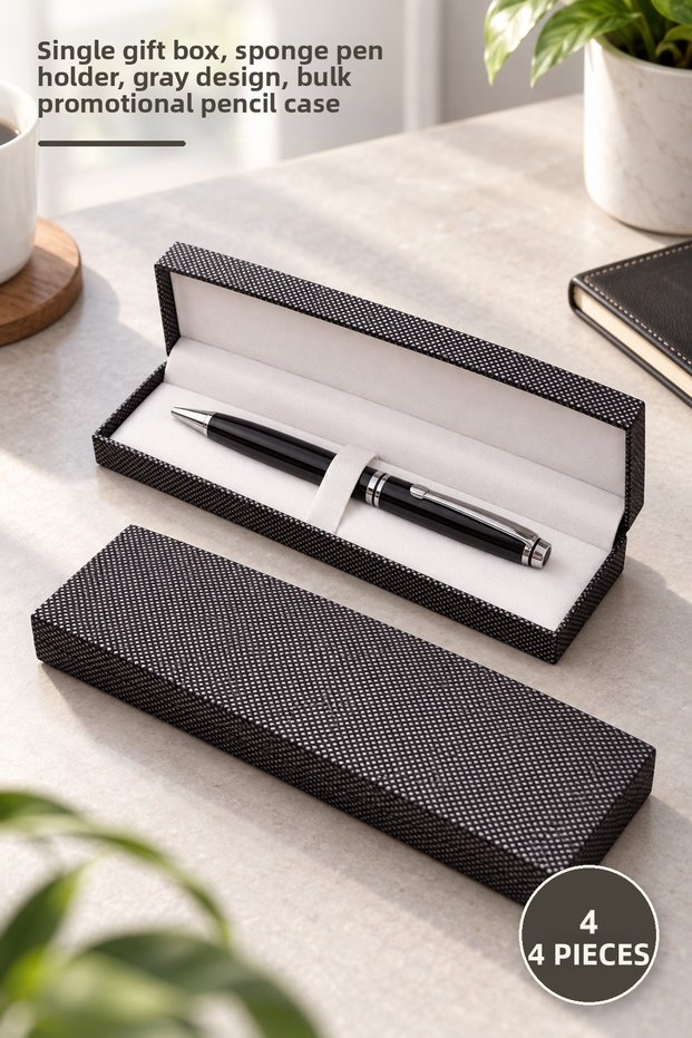 4-Piece Promotional Pencil Case – Single Gift Box, Pencil Slot with Sponge, Gray Design, Wholesale Promotional Pencil Case