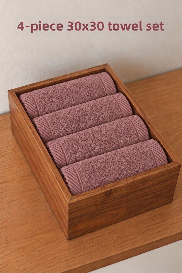 Set of 4 30X30 cm 100% Organic Cotton Hand and Kitchen Towels - High Absorbency with Hanger Detail