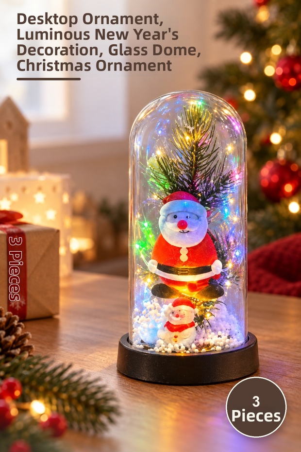 3 Pieces of Christmas Themed Illuminated Decorative Glass Jars – Desktop Ornament, Illuminated Christmas Decor, Glass Dome, Christmas Ornament